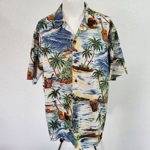 Vintage Aloha Line Hawaii Large Ukulele Tropical Hawaiian Short Sleeve Shirt